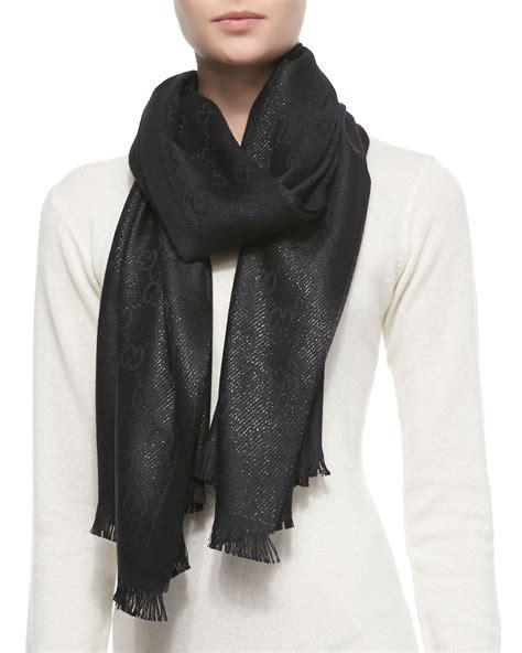 gucci shimmer gg pattern scarf black|gucci scarf with fur trim.